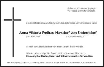 Traueranzeige von Anna Viktoria Freifrau Harsdorf von Enderndorf von Pegnitz-Zeitung